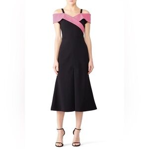 Christian Siriano Cold-Shoulder Midi A-Line Dress Crepe in Black/Pink Size 6